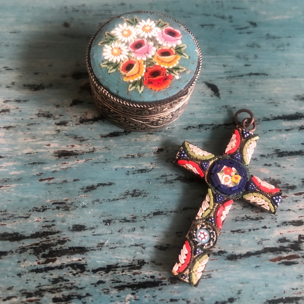 Vintage Italian micro mosaic cross and pill box